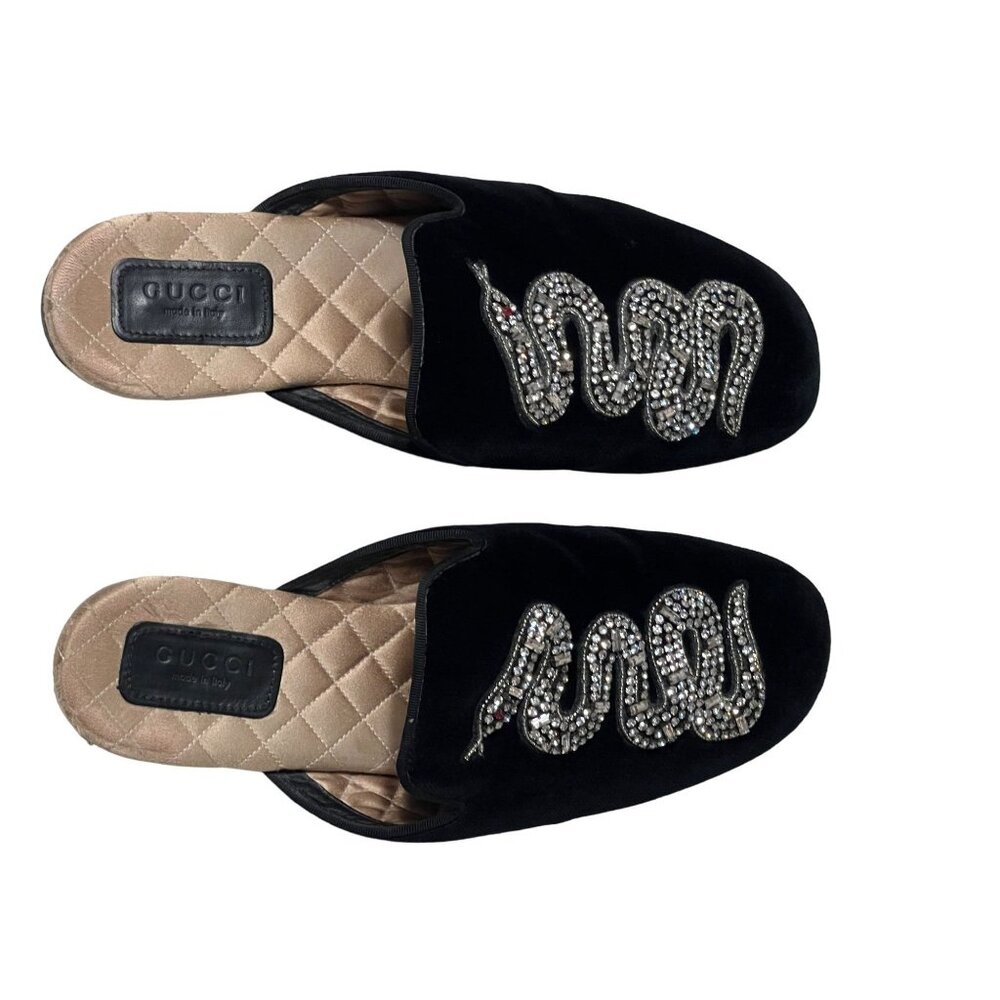 GUCCI Lawrence Princetown Slides Mules Snake Black Velvet Women's Size 37.5 Exce - Picture 2 of 12